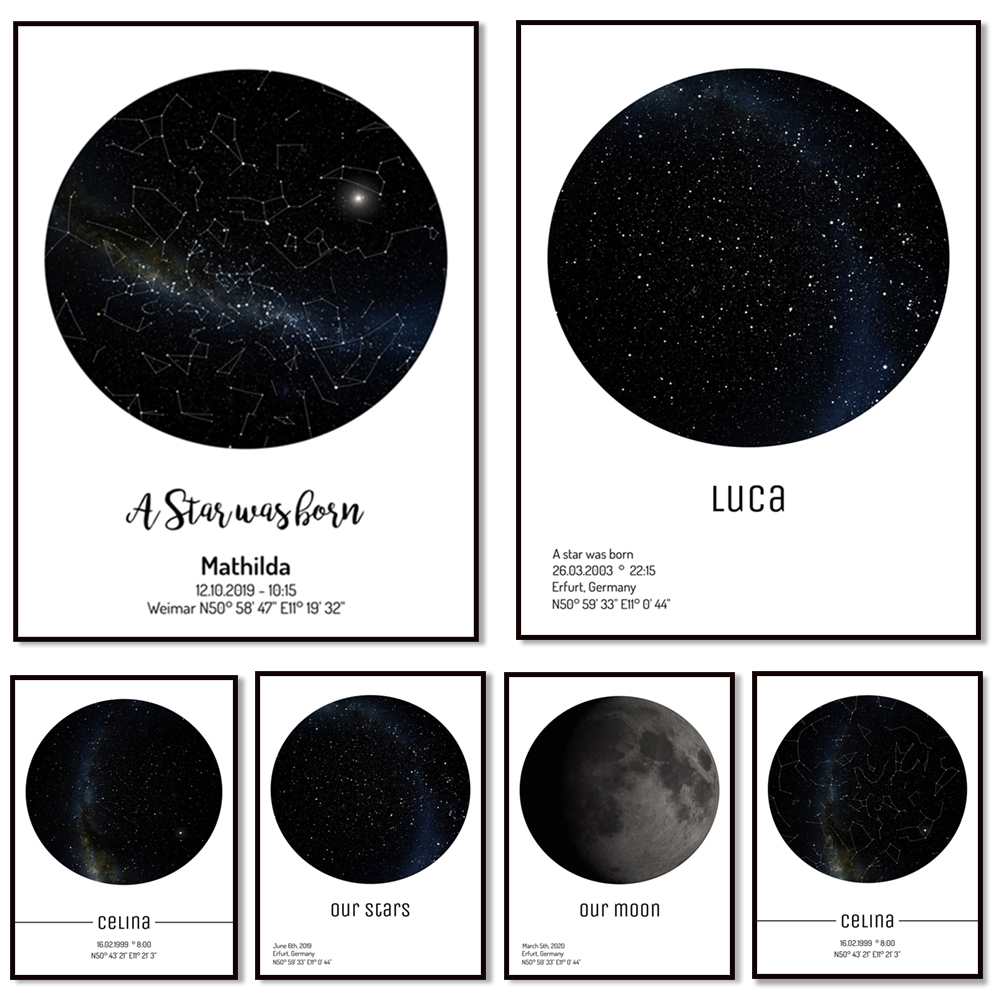 Star Map Poster - Artificial impression of moon phases-starry sky